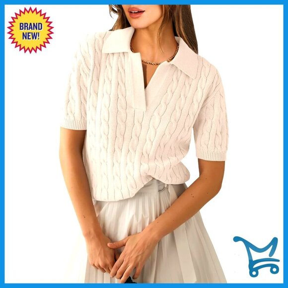 Tops - Short Sleeve V Neck Cable Knit Sweater Top Loose Fit Casual Summer Pullover